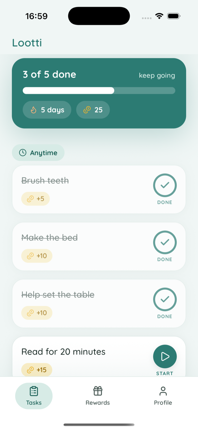 Lootti kid task screen